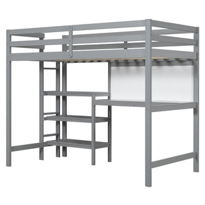 English Elm Twin Loft Bed with Built-in Desk Shelving and Dry-erase Board for Kids Rooms Gray LT100320AAE