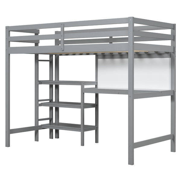 English Elm Twin Loft Bed with Built-in Desk Shelving and Dry-erase Board for Kids Rooms Gray LT100320AAE