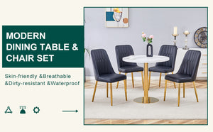 English Elm Table Set: 31.5-Inch Elegant White Marble Round Dining Table With 4 Black Pu Chairs For Chic Dining W1151S02497-GIGA