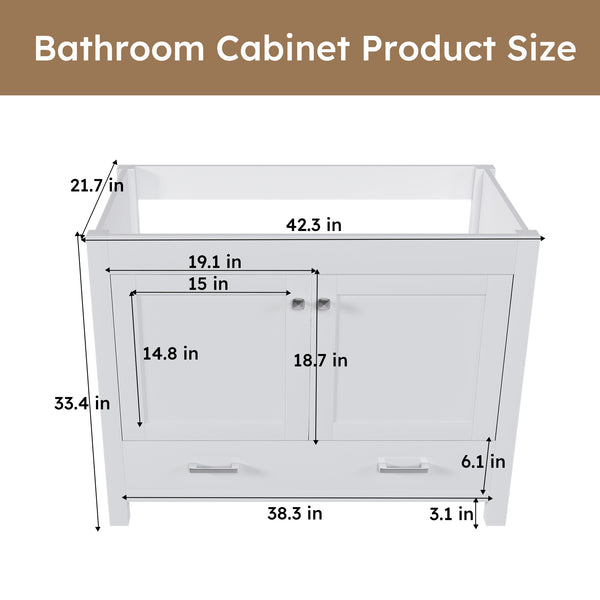 English Elm 42'' White Bathroom Vanity Base Cabinet with Doors & Soft-Close Drawer, Solid Frame MDF, Fits 43x22 Sink W509P347342