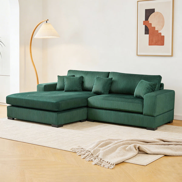 English Elm Mid Century Modern 3 Seater Sectional Sofa with Reversible Chaise and Accent Pillows Green W876S00346