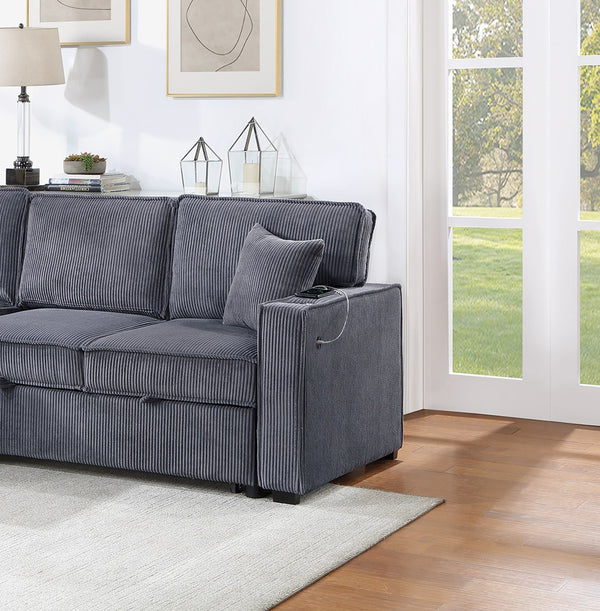 English Elm Convertible Corduroy Sectional Sofa with Reversible Chaise, Hidden Storage, USB Port & Pull-Out Bed Dark Gray 60 L x 30 W x 19 H B011S01243