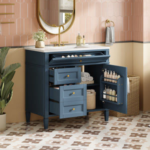 English Elm 36'' Bathroom Vanity With Sink, Modern Indigo Blue Storage Cabinet Featuring 3 Drawers & Adjustable Shelf N710P230246M