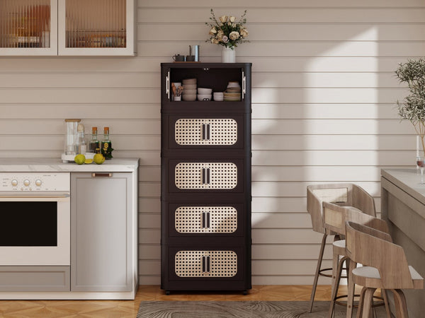 English Elm Retro 20" Folding Storage Cabinet - 5-Tier Collapsible Organizer With Magnetic Door & Wheels, Brown W2873P366244-GIGA