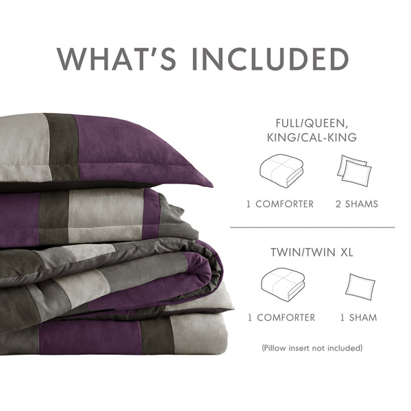 JLA Home Comfort Spaces - Pieced Faux Suede Comforter Set with Transitional Pieced Stripe Design, Lightweight Year-Round Warmth Purple AM10-0295