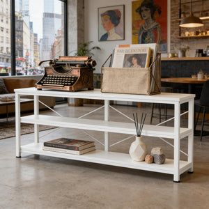 English Elm Display Shelf Extra Long Console Table with Three Open Tiers and Industrial X Frame T3971P453174