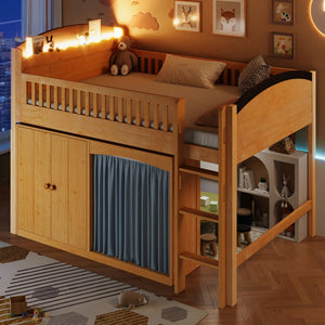 English Elm Twin Loft Bed with Wardrobe Cabinet Led Lighting and Pine Frame for Kids Rooms Wood N7090002236M