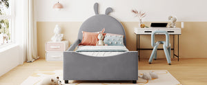 English Elm Twin Velvet Daybed with Sculptural Rabbit Ear Headboard for Kids or Guest Rooms Gray N737P380205E