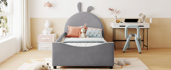 English Elm Twin Velvet Daybed with Sculptural Rabbit Ear Headboard for Kids or Guest Rooms Gray N737P380205E