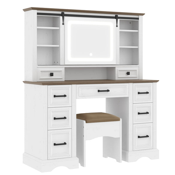 English Elm 47.2" Farmhouse Vanity Desk with Led Mirror Sliding Storage Stool 9 Drawers Oak White N704G202304A