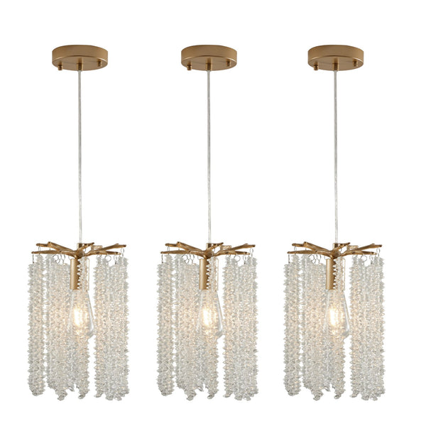 English Elm Luxury 3-Pack Crystal Pendant Lights Gold Finish Adjustable Height Chandelier Waterfall Beads for Living Room Dining Kitchen W2312P374971