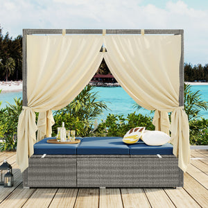 English Elm U_style Outdoor Rattan Steel Chaise Lounge with Shade Canopy and Reclining Cushioned Sunbed Dark Blue WY000471AAC