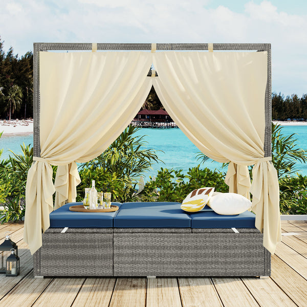 English Elm U_style Outdoor Rattan Steel Chaise Lounge with Shade Canopy and Reclining Cushioned Sunbed Dark Blue WY000471AAC