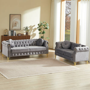 English Elm Velvet Chesterfield Tufted Sofa with Copper Stud Trim and Gold Legs for Glam Living Grey W834S00627