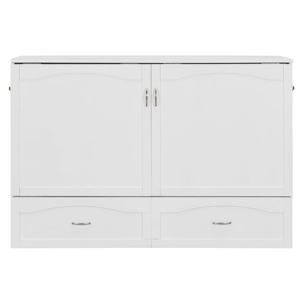 English Elm Queen Murphy Wall Bed with Drawers Usb Charging Ports Pulley Lift Mdf Cabinet White LP100671AAK-1