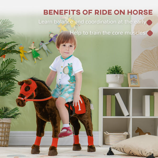 English Elm Qaba Plush Ride on Pony Toy with Saddle Stirrups and Neighing Sound for Kids W2225P249772