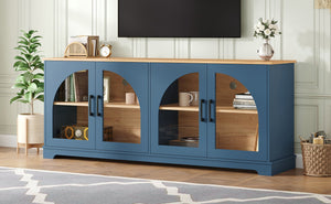 English Elm Farmhouse Media Console with Arched Glass Doors Wood Grain Two Tone Living Room Storage Blue N721P411204C