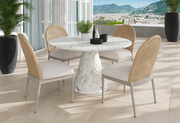 Sunpan SHELBURNE Round Dining Table - Elegant White Faux Marble Top with Tapered Base for Modern Spaces 106642