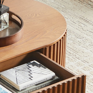 English Elm 51.18'' Oval Mdf Coffee Table with Hidden Drawer Mid-century Pedestal Base Brown W876P370284