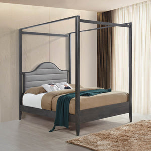 English Elm Upholstery Canopy Queen Bed with Padded Headboard, Solid Wood Frame, Elegant Modern Bedroom Centerpiece Brown Mix 64 L x 34.75 W x 4 H B011S01357