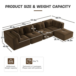 English Elm Modern Corduroy Sectional Sofa with Tufted Cushions Deep Seat and Movable Ottoman Brown W714S01811