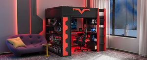 English Elm Full Size Gaming Loft Bed with Desk Rgb Lighting Power Outlet and Storage Drawer Red LT000285AAJ