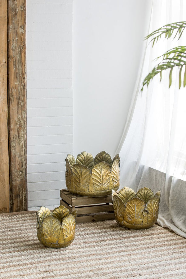 English Elm Set of 3 Zinc Metal Planters with Distressed Golden Finish for Indoor Outdoor Display W2078P499530