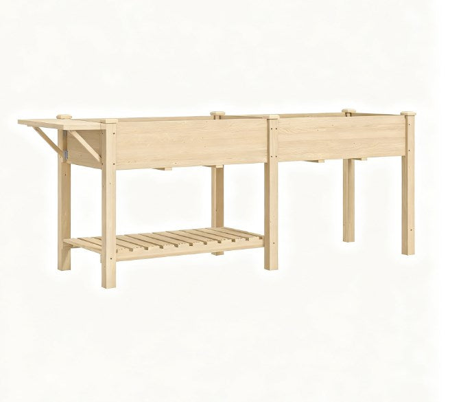 English Elm Elevated Fir Wood Raised Planter with Foldable Side Table and Bottom Storage Shelf T3971P423012