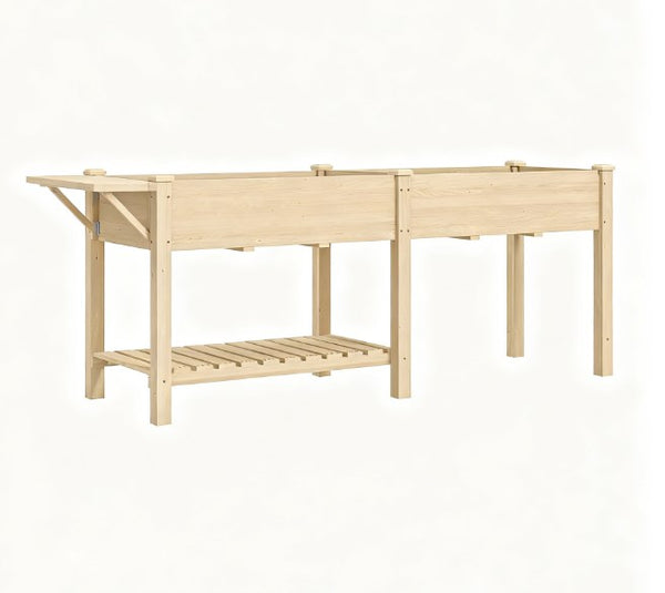 English Elm Elevated Fir Wood Raised Planter with Foldable Side Table and Bottom Storage Shelf T3971P423012