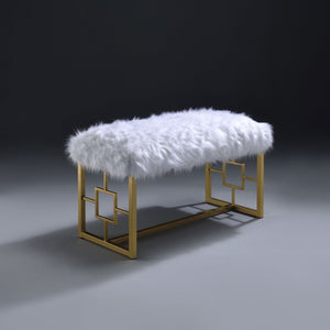 English Elm White Faux Fur Glam Bench With Gold Sled Base | Stylish Entryway Seating For Modern Homes B062P189116-GIGA