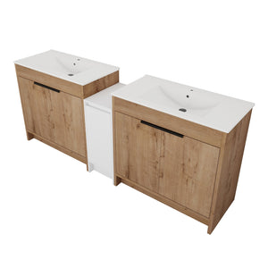 English Elm 84 Inch Freestanding Bathroom Vanity with Integrated Resin Sink, Soft-Close Doors, Shelves & Extra Storage Space Glossy White,Imitative Oak W999S00325