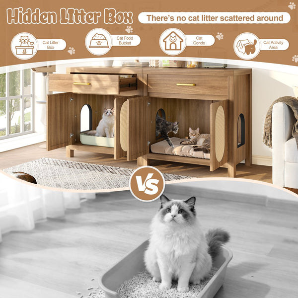English Elm Cat Litter Box Cabinet with Sisal Doors Storage Drawer and Nightstand Surface N704P379111P