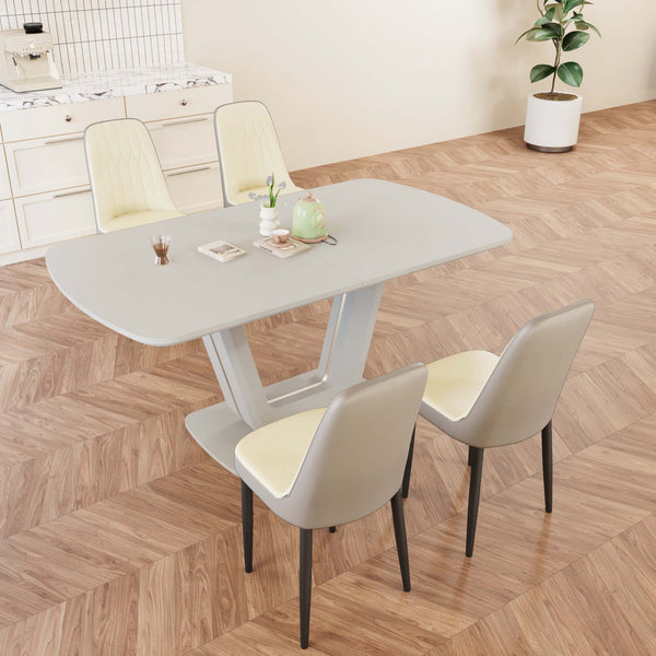 English Elm 62.99-78.74" Extendable Dining Set with 4 Pu Leather Chairs Seats up to Eight Beige+Grey W2189S00860