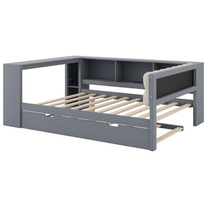 English Elm Wood Twin Platform Bed Linen Headboard Storage Shelves Trundle Charging Station Gray N709P004024E