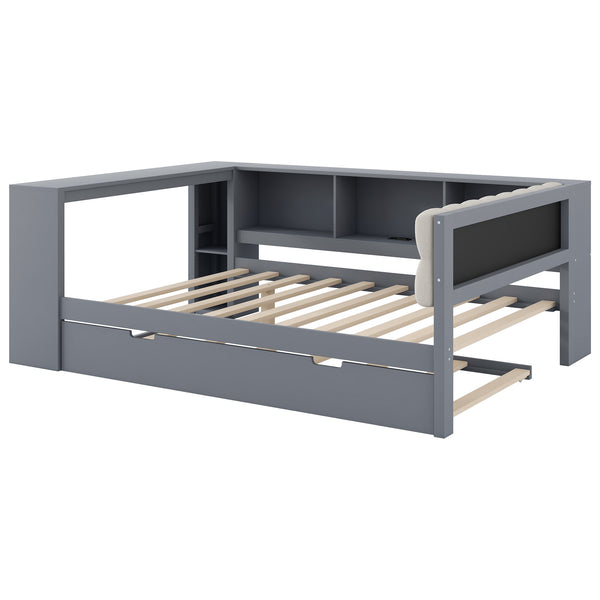 English Elm Wood Twin Platform Bed Linen Headboard Storage Shelves Trundle Charging Station Gray N709P004024E