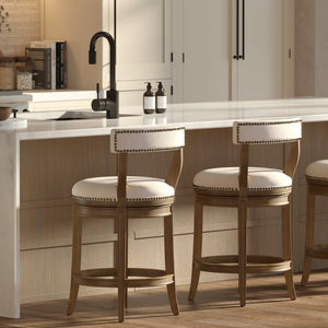 English Elm 26" Counter Height Swivel Barstool Woven Linen Seat Nailhead Trim Solid Wood Frame Pecan B2751P436452
