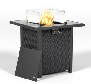 English Elm 28 28 Inch Propane Fire Pit Table with 50,000 BTU Stainless Burner, Rattan Look, Tempered Glass Top & Windscreen Coffee W861P211850
