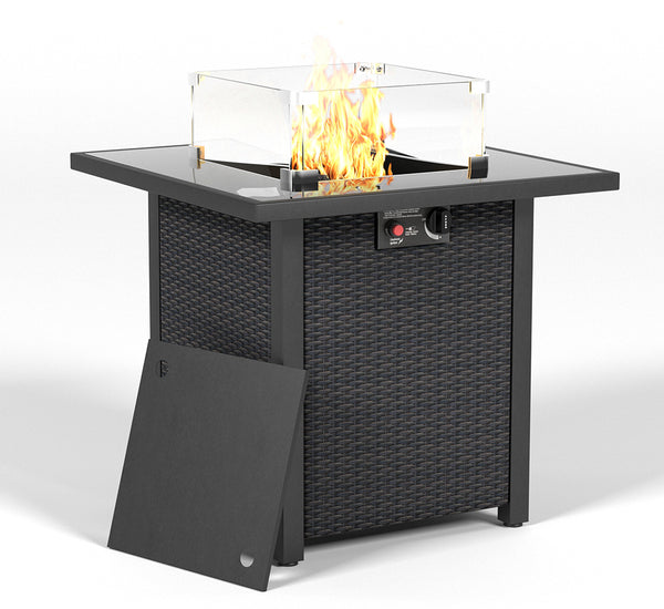 English Elm 28 28 Inch Propane Fire Pit Table with 50,000 BTU Stainless Burner, Rattan Look, Tempered Glass Top & Windscreen Coffee W861P211850