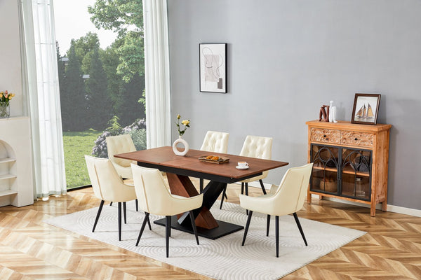 English Elm Modern Extendable Dining Table with Walnut MDF Veneer Top, Dual V-Shaped Metal Base, Sleek Durable Design Dark Walnut W3493S00007