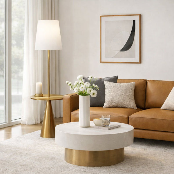English Elm Celestial Brass Accent Table Floor Lamp with Wide White Shade for Living Rooms B183P231750