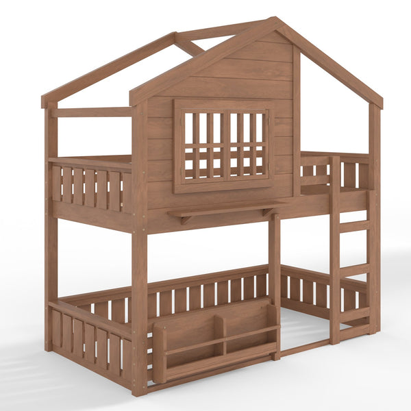 English Elm Full Bunk Bed with Trundle Bookshelf Storage Pine Frame Car Design for Kids W1580S00521
