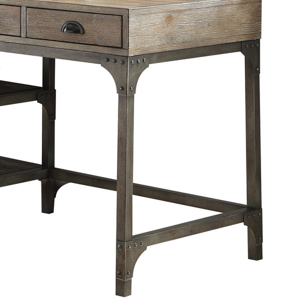 English Elm Weathered modern writing desk with metal iron legs, 3 drawers, spacious 47" workspace in oak finish B062P215483