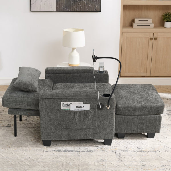 English Elm Single Chenille Manual Recliner with Usb Port Hidden Storage Ottoman and Cup Holders Gray W487P423648