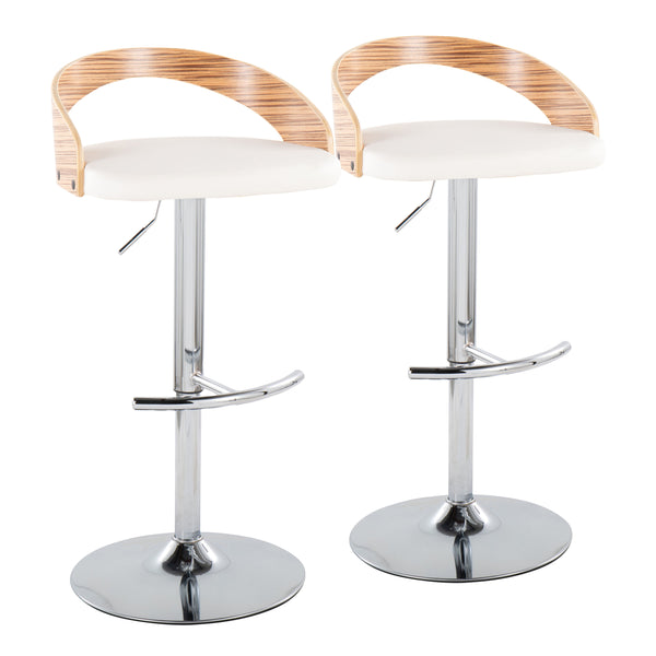 English Elm Grotto Adjustable Barstools Set Of 2 - Modern Swivel Chrome, Zebra Wood & White Faux Leather Design B202S00920