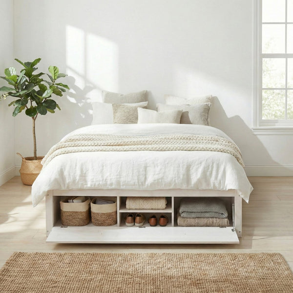 English Elm Queen Platform Storage Bed with Hydraulic Lift Footboard and Four Drawers Antique Finish White LP000139AAK