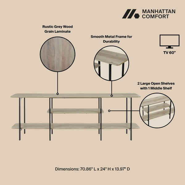 English Elm Celine 71" Console Table with 3 Shelves for TVs up to 60" – Sturdy MDF Top & Steel Legs, Stylish Display Solution Grey B365P397671