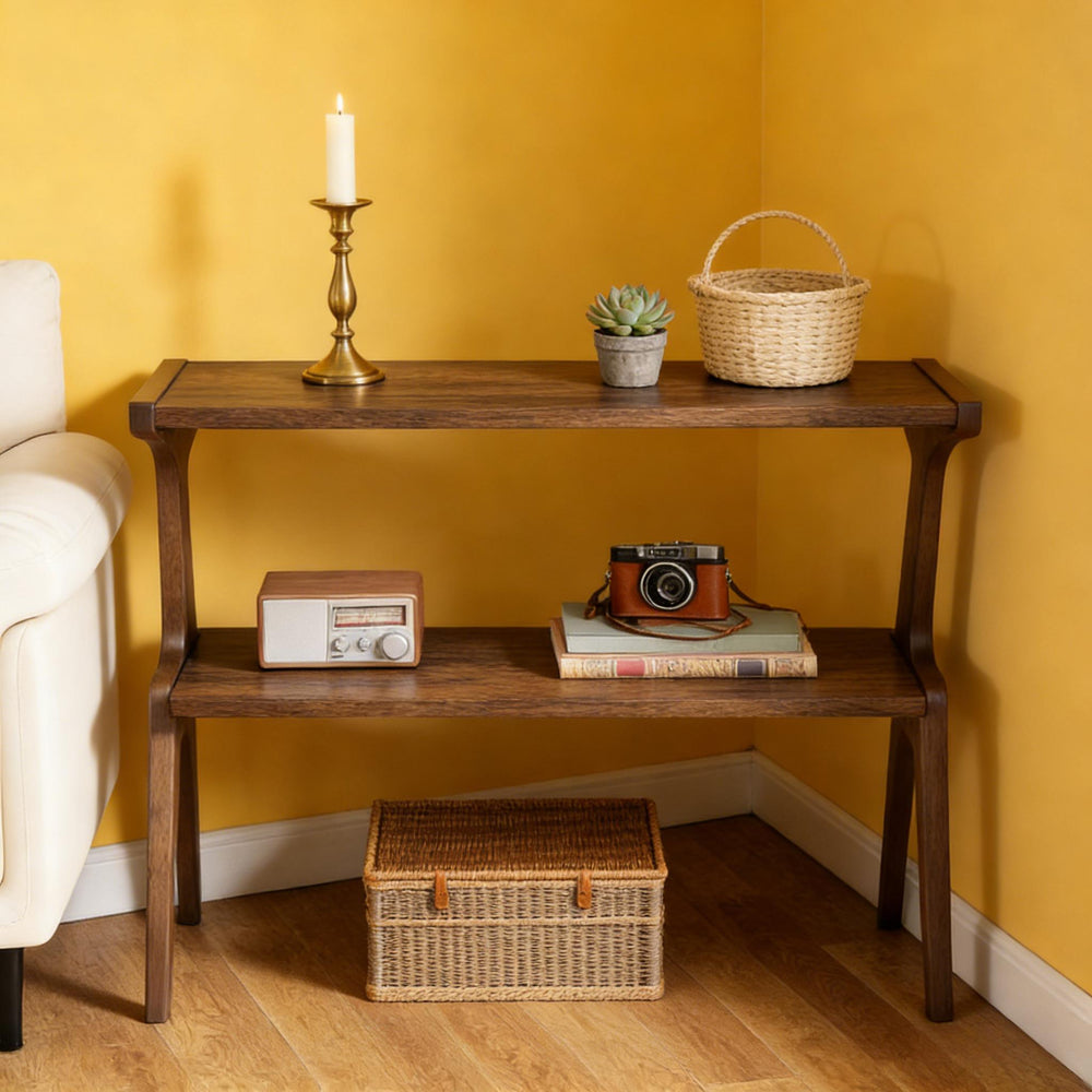 English Elm Storage Side Table Solid Wood Cherry Finish Two Open Shelves for Slim Space Entryways T3971P450545