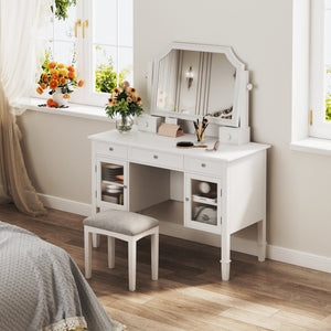 English Elm 44.4" Elegant Makeup Vanity Desk with Swivel Mirror, 5 Drawers, Cabinets & Padded Stool — White N844P292486A