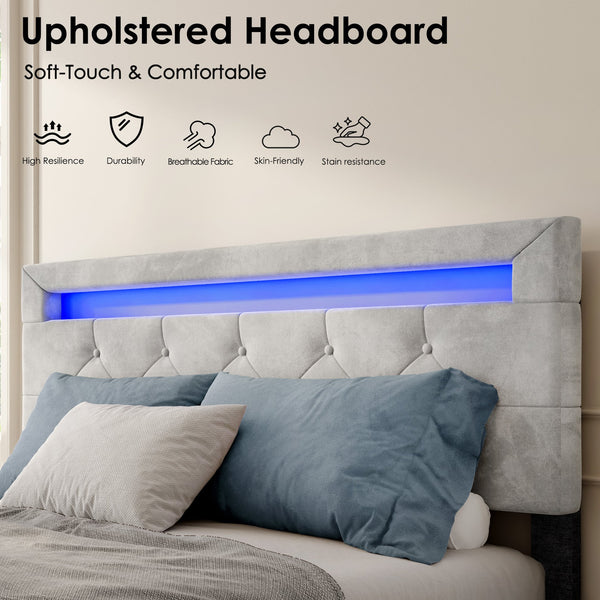 English Elm Full Size Velvet Upholstered Platform Bed with 4 Rolling Drawers, LED Headboard Light, Dual Height Support and 800 lb Capacity W2889P205103