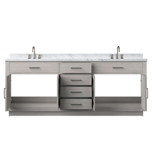 English Elm White Oak Double Bath Vanity 84" W X 22" D, Elegant Carrara Marble Top & Chrome Faucet Set Included B2731P257882-GIGA